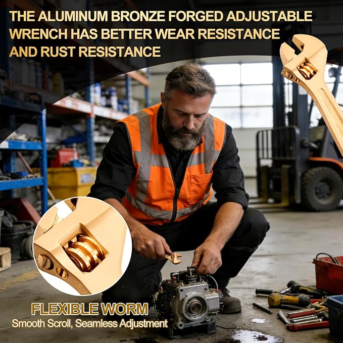 Hicarer 4 Inch Non-Sparking Adjustable Wrench, Aluminum Bronze Tool | Non-Magnetic, Oil & Gas Industry, Chemical Facilities, Hazardous Environments, Industrial Safety Applications