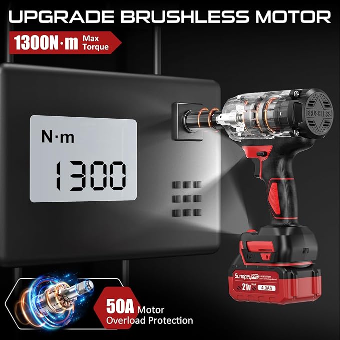 Cordless Impact Wrench 960Ft-lbs - 1300N·m High Torque Impact Wrench - 21V 2600RPM Brushless Power Impact Gun with 2 × 4.0Ah Battery 6 Sockets & Charger & Carry Case for Car Tire Truck DIY