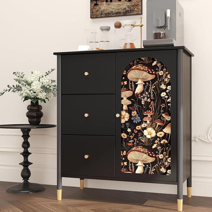 BOKEBEVE Mushoroom Wallpaper Peel and Stick Boho Black Brown 17.5 x 393.5In | Extra Long Removable Renter Friendly Vintage Floral Wall Paper for Bedroom Bathroom Cabinet Drawer Feature Accent Wall