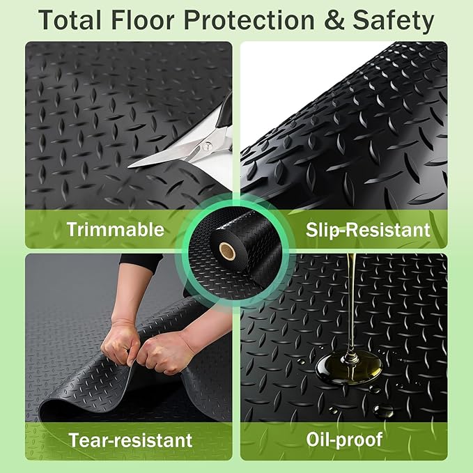 8x20 FT Garage Floor Mat, 2.8mm Thickened Flooring Roll for Under Car Diamond Plate PVC Rubber Mat with 20 Pcs Tapes, Non-Slip Floor Mat for Garage, Warehouse, Gyms, Trailer,Black