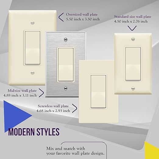 ENERLITES Decorator On/Off Paddle Switch with Wall Plates, Single Pole, 3 Wire, Grounding Screw, Residential Grade, 15A 120V/277V, UL Listed, 91150-LAWP