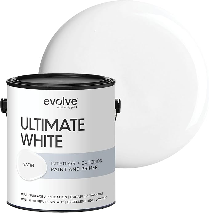 EVOLVE Ultimate White Paint & Primer in One, Satin White, 1 Gallon – Interior & Exterior, One-Coat Coverage, Excellent Hide, Low Odor, Low VOC, Washable Paint for Walls, Ceilings & Trim