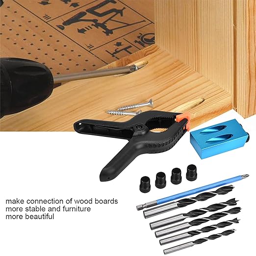 34Pcs Wood Woodwork Guides Joint Angle Tool Carpentry Locator,Pocket Hole Jig 15° Woodworking Inclined Hole Fixture 6/7/8/9/10mm Drill Bits Dowel Screw Drill Jig Joinery Kit Carpenters