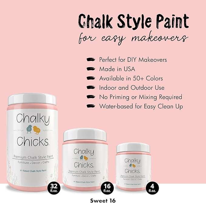 Chalky Chicks 32 Fl Oz Matte Sweet 16 (Pink) Chalk Paint for Furniture Without Sanding - No Prep Furniture Paint No Sanding All in One for Crafts, Wood, Walls, Cabinet, Metal, Dresser, Farmhouse