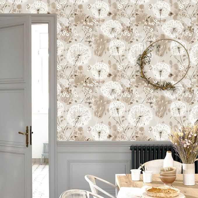 Nukofal Floral Peel and Stick Wallpaper Dandelion Wallpaper Floral Contact Paper 16.9"x196.8" Vintage Brown Wall Paper Peel and Stick Boho Self Adhesive Removable for Cabinet Bedroom Decor Vinyl