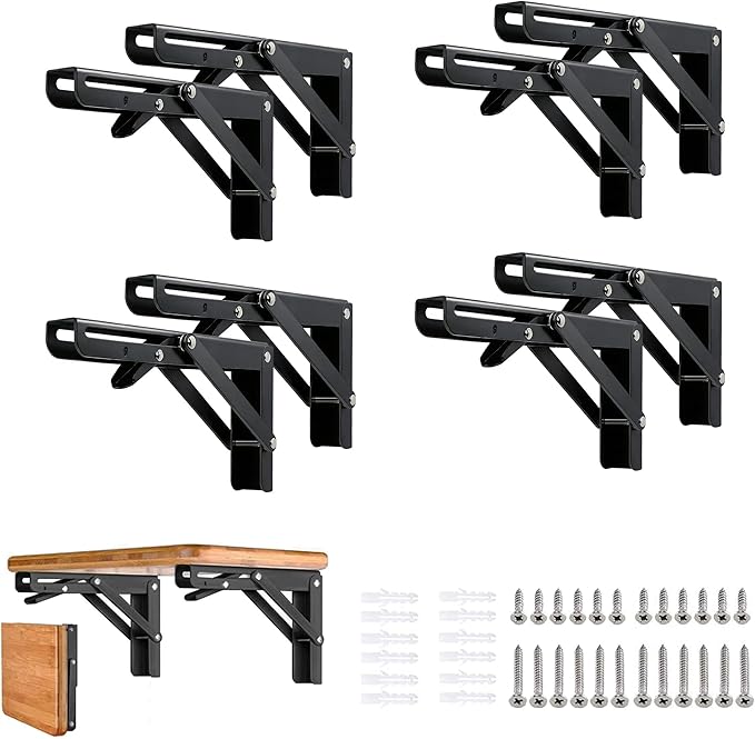 Folding Shelf Brackets - 8 Inch 8 Packs Heavy Duty Metal Collapsible Wall Mounted Bracket, Space Saving for Bench Table