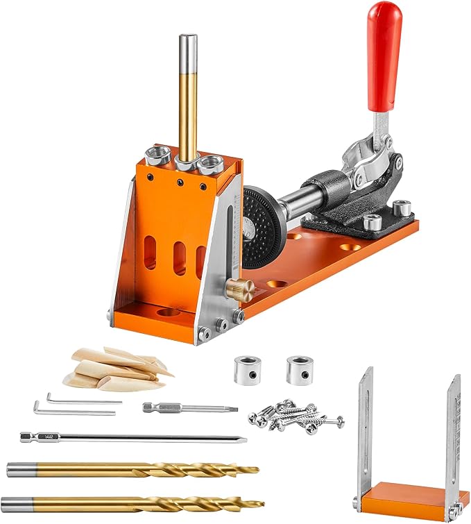 VEVOR Pocket Hole Jig Kit, Adjustable and Easy to Use Pocket Hole Jig System with Step Drills, Wrenches, Drill Stop Rings, Screws and Square Drive Bits, Dual Scale Marks, for DIY Carpentry Projects