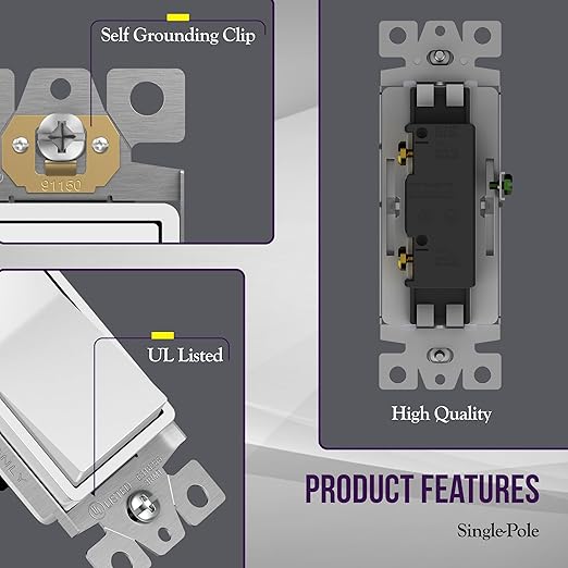 ENERLITES Decorator On/Off Paddle Switch with Wall Plates, Single Pole, 3 Wire, Grounding Screw, Residential Grade, 15A 120V/277V, UL Listed, 91150-WWP-10PCS, White (10 Pack)