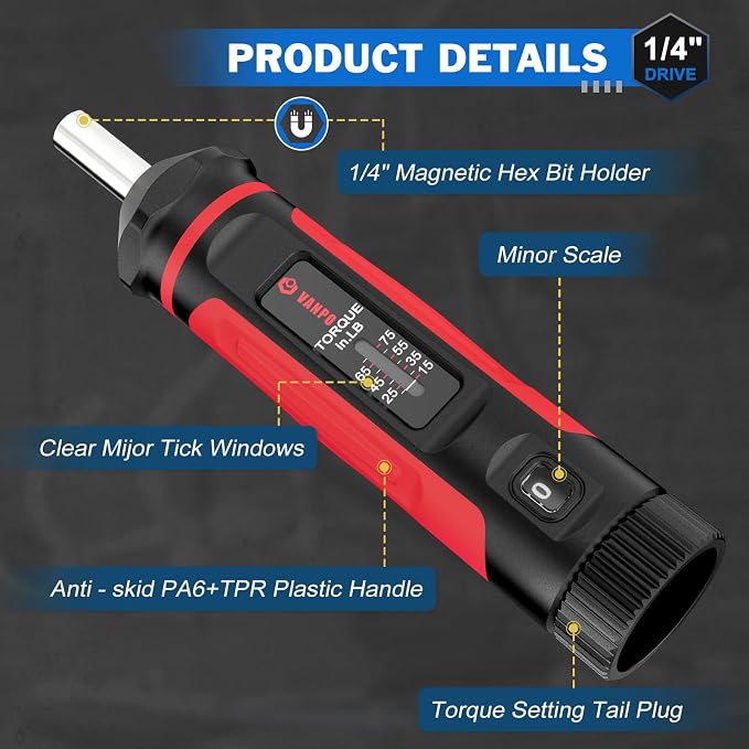 VANPO Torque Screwdriver 15-75 in-lb, 1/4" Drive Precision Driver Set | Inch Pounds Torque Wrench, 40 S2 Steel Bits for Gunsmithing, Bike Repair, Scope Mounting, Maintenance, DIY
