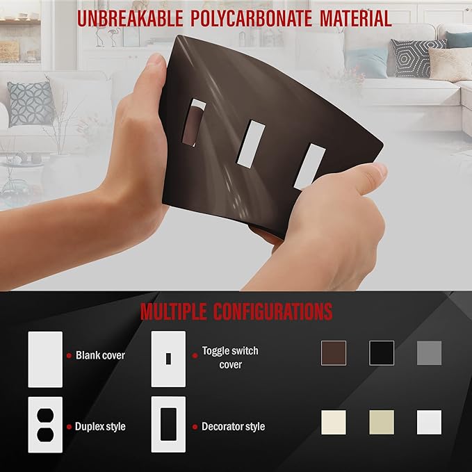 ENERLITES Screwless Triple Toggle Switch Wall Plate, Child Safe Light Switch Cover, Standard Size 3-Gang 4.68" x 6.53", Unbreakable Polycarbonate Thermoplastic, UL Listed, SI8813-BR, Glossy, Brown
