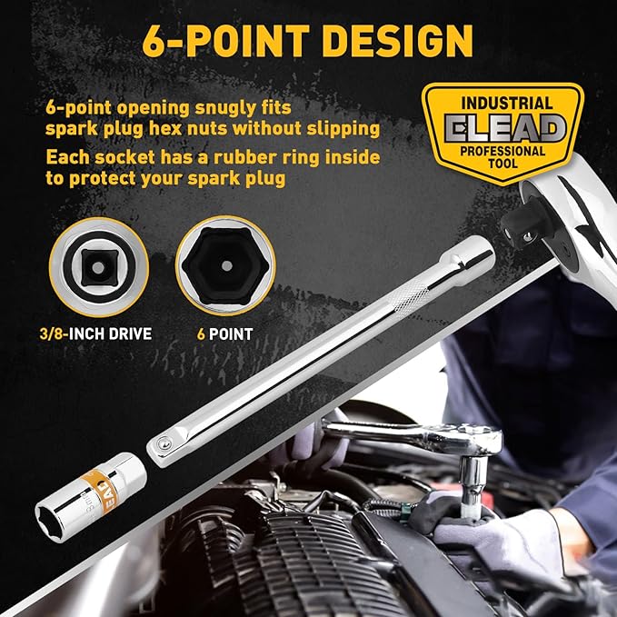 8-Piece 3/8" Drive Spark Plug Socket Set with Universal Joint, Spark Plug Gapper and 6" Extension Bar, SAE & Metric, 5/8", 3/4", 13/16", 14mm, 18mm, CR-V Sockets with Rubber Holding Rings