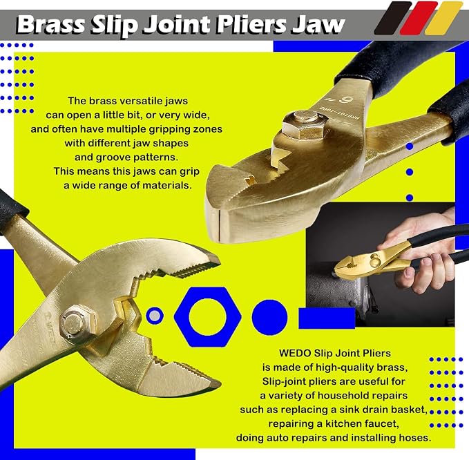 WEDO 2PCS Brass Pliers Set - 6" Slip Joint Pliers, 8" Long Nose Pliers with Non-Slip Handle,For Gripping, Loosening Nuts and Bolts, Cutting Steel Wire,Die-Forged,Corrosion Resistant