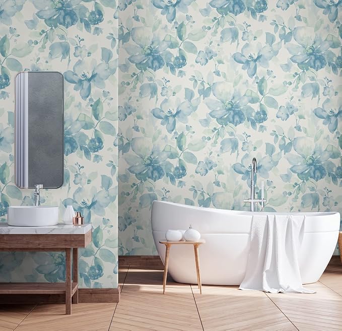 NextWall Watercolor Flower Peel and Stick Wallpaper (Seaglass)