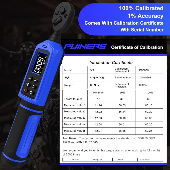 Digital Torque Wrench 3/8 Inch Drive 0.66-44.3 FT.LB (0.9-60Nm),Electronic Inch Pound Torque Wrench ±1% Accuracy 5Units,with Extension Bar 1/4" Adapter for Car,Motorcycle,Bicycle ﻿Buzzer Alarm