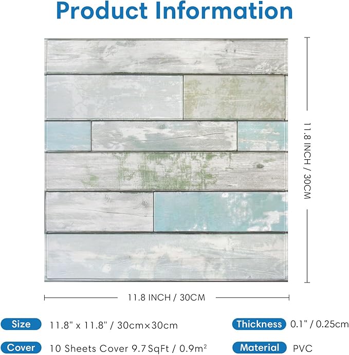 COMSTICKC Peel and Stick Faux Wood Wall Panels Shiplap Vintage Blue, 10 Pcs of 12" x 12", Not Real Wood, Thin PVC 3D Fake Wood Self-Adhesive Wall Covering Wallpaper for Interior Farmhouse Decor
