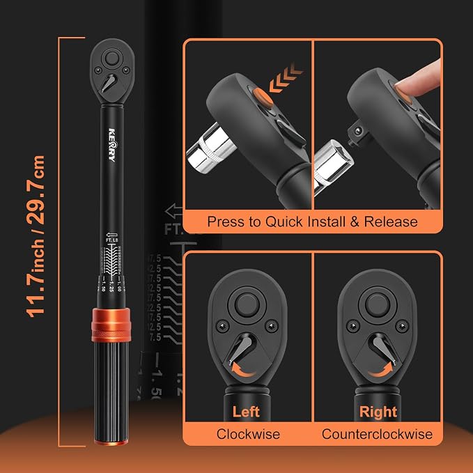 Kerry 3/8 Inch Drive Click Torque Wrench, 5-50 ft-lb/6.8-67.8 Nm | ±3% Accuracy, Dual Scale, 72-Tooth Reversible Ratchet, Quick Release and Locking Adjustment with Case for Motorcycles, Cars