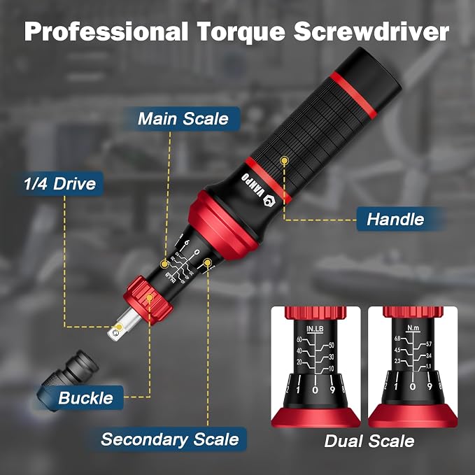 VANPO Torque Screwdriver Set 10-60 in-lb, 99-Piece Torque Driver Kit | with T-Bar & 1/4" Quick-Change Adapter, Adjustable for Scope Mounting, Bicycle & Electronics Maintenance