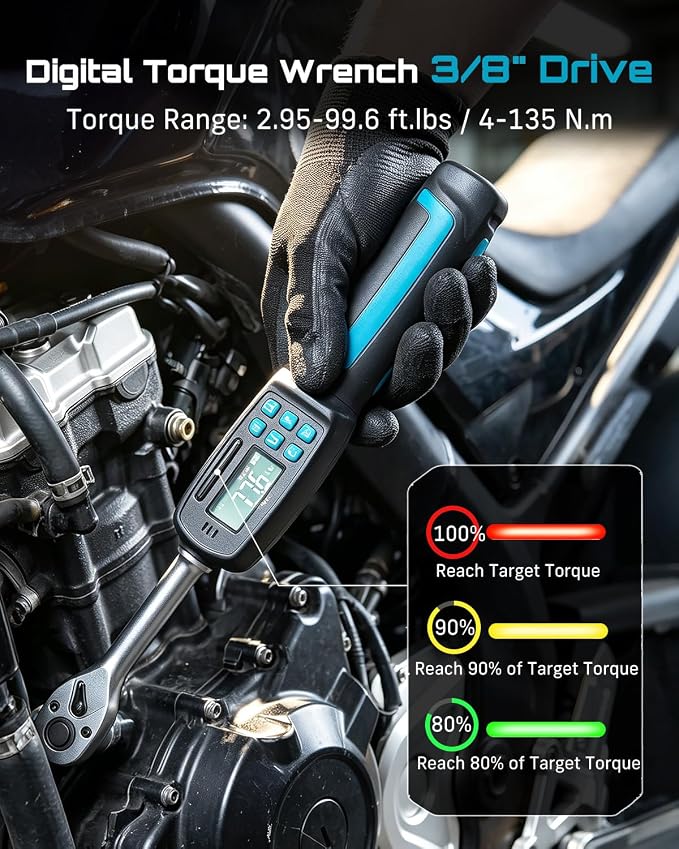 Seesii Digital Torque Wrench 3/8" Drive (2.95-99.6 ft.lbs / 4-135 N.m) | ±2% Accuracy, Buzzer and LED Flash 4 Units Mode with 5"&3" Extension Bar 1/2" Adapter for Auto/Motorcycle/Bicycle Repair