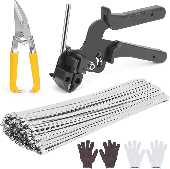 Metal Zip Tie Tool Set，Stainless Steel Cable Tie Gun Kit with 200pcs 12inch Metal Zip Ties heavy duty outdoor(300LBS) and Industrial Cutting Tool,Corrosion Resistant for Fence, Pipe, Industrial Use