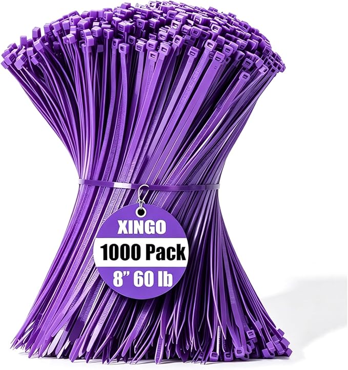 XINGO 1000 PCS Purple Zip Ties 8 Inch, 60 LBS Tensile Strength, Self-Locking Nylon Plastic Nylon PA66 Wire Ties for Indoor and Outdoor Use