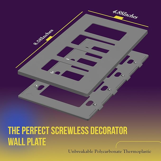 ENERLITES Screwless Decorator Wall Plates Child Safe Outlet Covers, Gloss Finish, Medium Size 4-Gang 4.88" H x 8.58” L, Unbreakable Polycarbonate Thermoplastic, SI8834M-GY, Gray