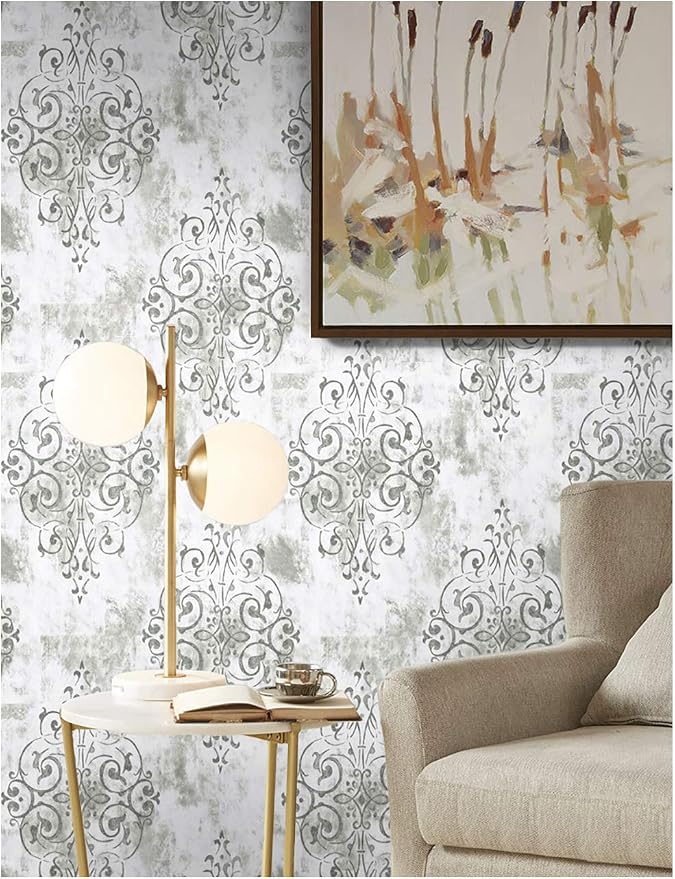 HAOKHOME Vintage Damask Peel and Stick Wallpaper White Vinyl Self Adhesive Decorative Contact Paper 17.7in x 9.8ft