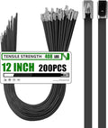 MasiStran Metal Zip Ties 200 Pack 12 Inch, 304 Stainless Steel 408LBS Heavy Duty Zip Ties Black - Self-Locking Cable Ties for Exhaust Wrap，Chain Link Fence Parts, Outdoor Farms,Pipes