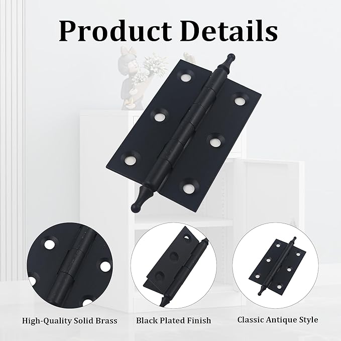 2.5 Inch Antique Style Solid Brass Butt Hinges with Ball Finials, Black Plated Butt Hinges with for Furniture Cabinet Drawer Door, 2PCS