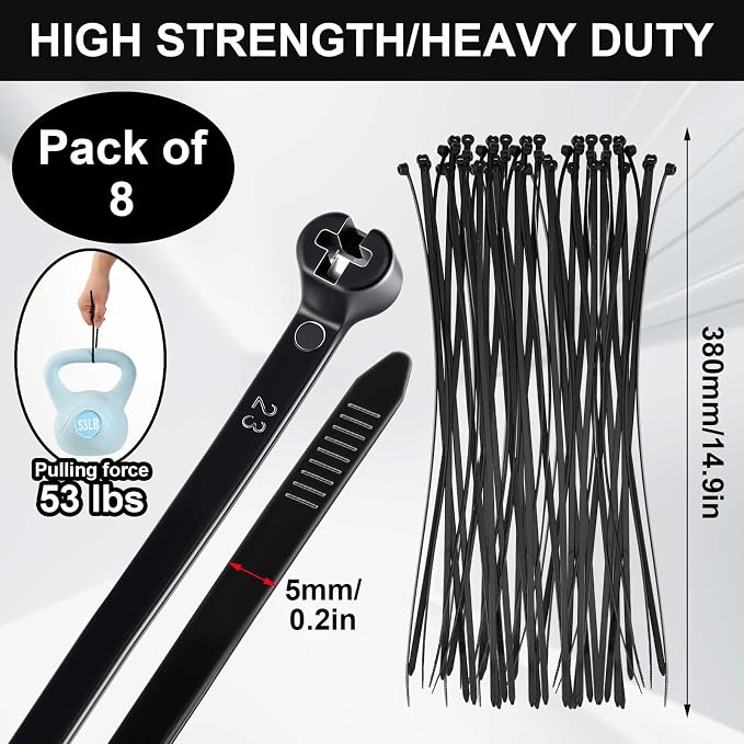 Blulu 8 Pcs Cable Zip Ties 15 Inch 53 lbs Tensile Strength Nylon 66 Black Cable Ties Heavy Duty Self Locking UV Resistant Wire Wraps Multi Purpose for Industrial Indoor Outdoor Use