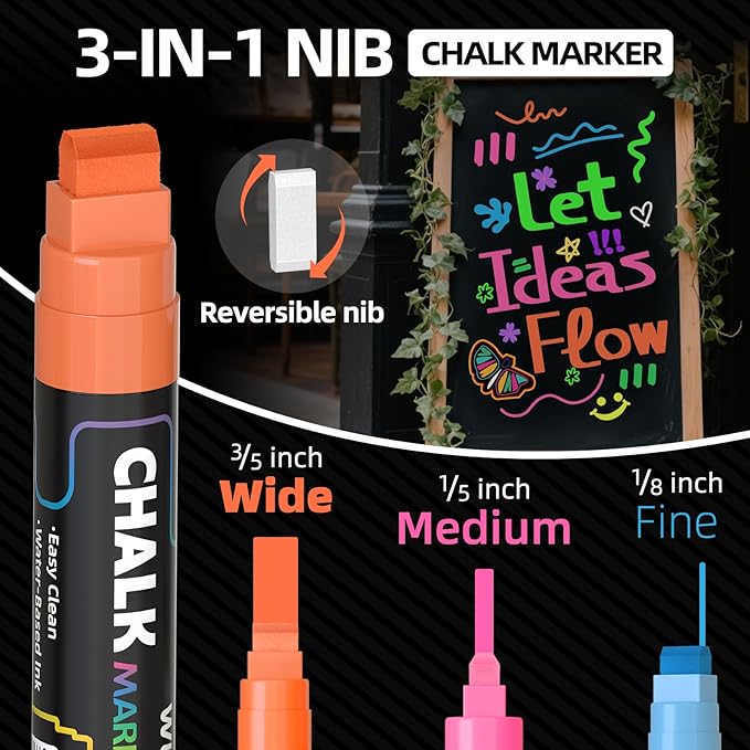 WUO 8 Colors Liquid Chalk Markers, 15mm Jumbo 3-in-1 Nib Window Chalk Markers, Washable Chalkboard Markers for Glass, Windows, Blackboards, Mirrors, Bistro Signage, and DIY Art Crafts