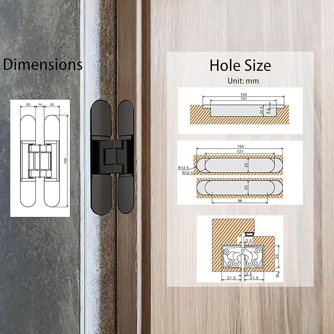 8-Pack 6 inch Hidden Door Hinges Heavy Duty Black, Invisible Concealed Hinges Zinc Alloy 6''x 2.5''x1Inch,180 Degree Swing Hinge, 3 Way Adjustable Hinge with Pins and Screws