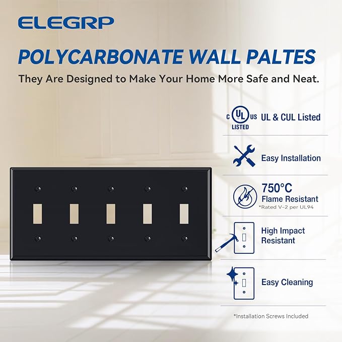 ELEGRP 5-Gang Toggle Switch Wall Plates, Standard Size 4.52" H x 10.03" L Unbreakable Thermoplastic Faceplate Cover for Toggle Dimmer Light Switches, UL Listed (1 Pack, Glossy Black)