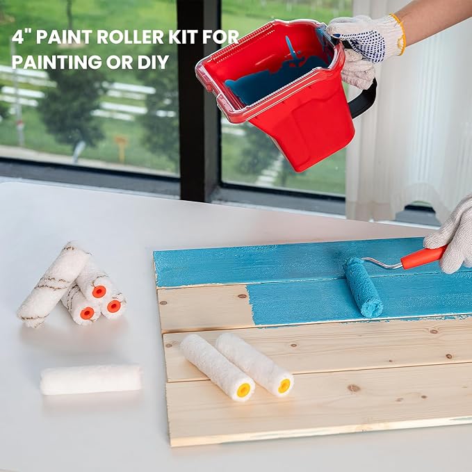 Mister Rui Paint Roller 4 Inch, 14 Pack Small Paint Brush and Roller Kit, 0.5 QT Paint Bucket Liner with Lid, Household Mini Rollers for Painting & DIY