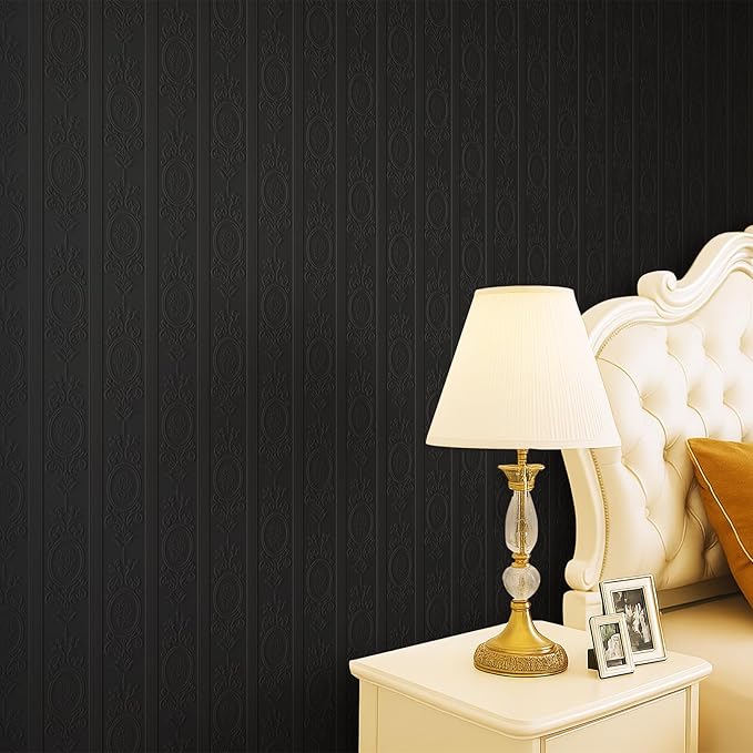 Black 3D Embossed Textured Peel Stick Wallpaper 17.3"x400" | Removable Renter Friendly Contact Paper, Waterproof Self Adhesive Wallpaper for Bedroom, Bathroom, Decor,48 sq.