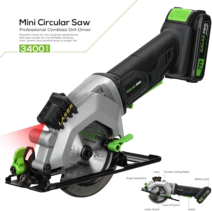 GALAX PRO Mini Circular Saw, DC20V 4-1/2" Cordless Circular Saw with 2.0Ah battery, Laser Guide, Rip Guide, 2 Pcs Blades(24T+ 60T), 3400RPM, Max Cutting Depth 1-11/16"(90°), 1-1/8"(45°)