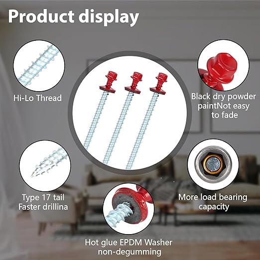 Metal Roofing Screws 10 x 3 inch, Red Hex Head Sheet Metal Roof Screw with EPDM Washer for Corrugated Roofing (250Pcs)