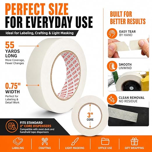 SWRT Masking Tape 0.75 inch x 55 Yards x 10 Rolls (550 Total Yards), Adhesive Painting Tape Bulk for General Purpose Beige White Color for Painting, Crafting, School Stationery, Arts, Home Use etc
