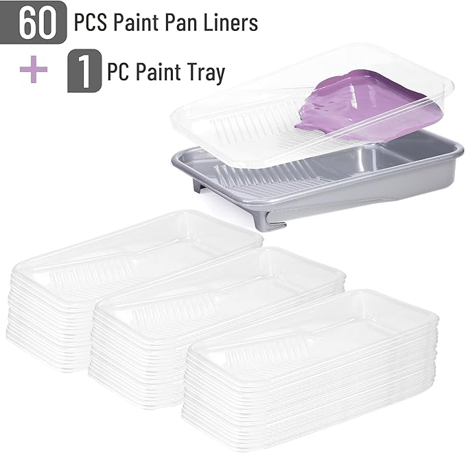 Bates- Paint Tray Set, 9 Inch, 62 pcs, 1x 9 Inch Paint Tray Liners, 60x Disposable Plastic Liners & 1x Roller Frame