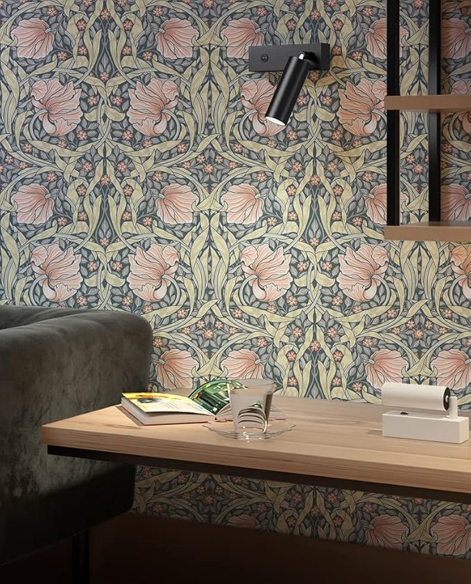 HAOKHOME Vintage Floral Wallpaper Peel and Stick Botanical Grey/Terracotta Wall Murals Home Kitchen Bedroom Decor by William Morris 17.3in x 9.8ft