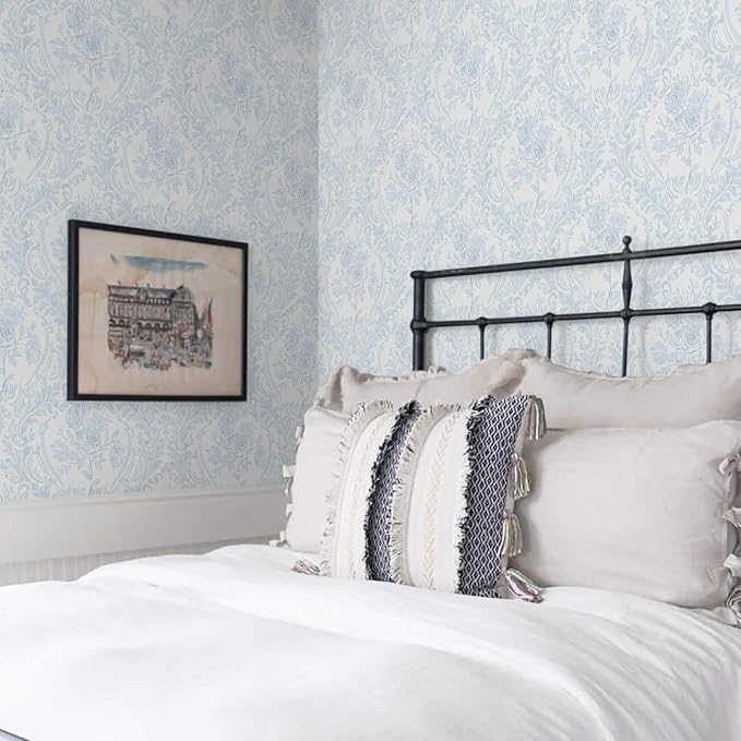 Ismoon Floral Peel and Stick Wallpaper Blue Contact Paper Boho Watercolor Damask Wallpaper Vintage Textured Removable Self Adhesive Vinyl Wall Paper Renter Friendly, 17.3inX49ft