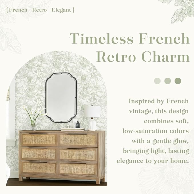 78.7"x17.3" Green Beige Floral Peel and Stick Wallpaper Vintage French Wallpaper Cottage Big Flower Contact Paper Removable Self Adhesive Wall Paper for Kitchen Bathroom Bedroom Vinyl Roll