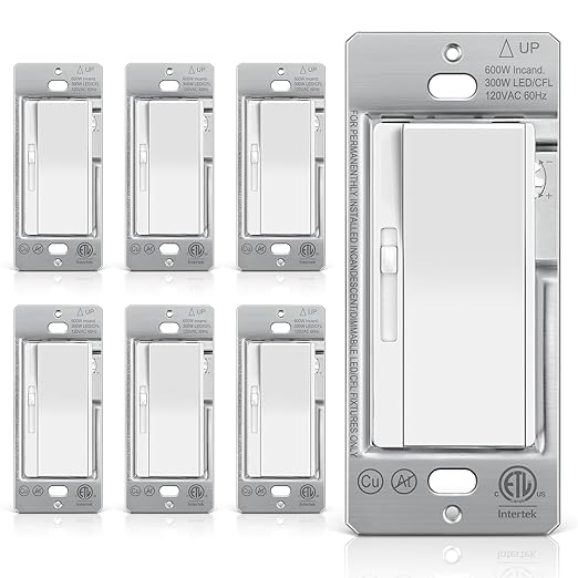 BESTTEN 6 Pack Super Slim Slide Dimmer Light Switch, Single Pole or 3 Way Dimmer Switches, Compatible with LED Dimmable Lamp, CFL, Incandescent, Halogen Bulb, ETL Listed, White