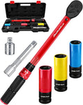 1/2" Drive Click Torque Wrench Set 10-170 Ft-lb, +/-3% Accuracy | ISO 6789 Certified Lug Nut Torque Wrench with 17/19/21mm Impact Sockets, Extension Bar & Adapter for Car SUV Truck Wheels
