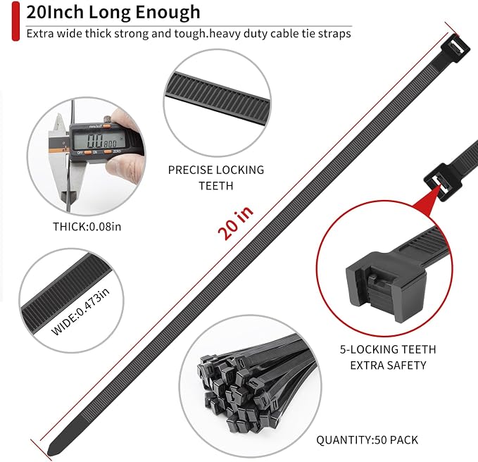 BethTie 20 Inch Black Long Zip Ties Heavy Duty 50 Pack, 250 LBS Ultra Strong Plastic Wire Ties, Large Cable Ties Extra Long Tie Wraps For Indoor and Outdoor Use