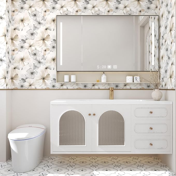 ILHIIOR Beige Floral Wallpaper,Boho Peel and Stick Wallpape,Leaf Contact Paper, White Flower Wall Paper Removable Wallpaper Self Adhesive for Cabinet Drawers Wall Decor Renter Friendly 17.5''x787''