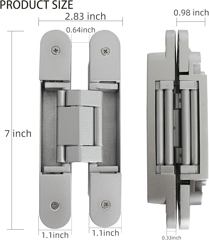 4-Pack 7 inch Silver Hidden Door Hinges,Heavy Duty Zinc Alloy Concealed Hinges, 180 Degree Invisible Hinge, 3 Way Adjustable Butt Hinge