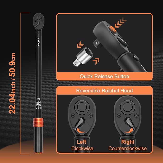 Kerry 1/2 Inch Drive Torque Wrench, 20-260 ft-lb/27.1-352.5 Nm, 20" Handle | ±3% Accuracy, Dual Scale, 72-Tooth Reversible Ratchet, Quick Release and Locking Adjustment with Case for Automotive, Trucks