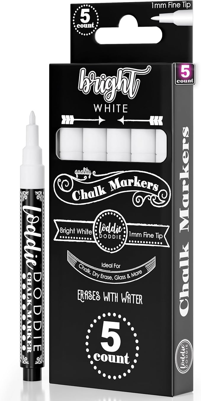 Loddie Doddie Liquid Chalk Markers - Pack of 5, 1 mm Tip, White - Fine Tip Chalk Pen for Glass Surfaces - Washable Car Window Markers - Erasable Ink for Chalkboard Calendar