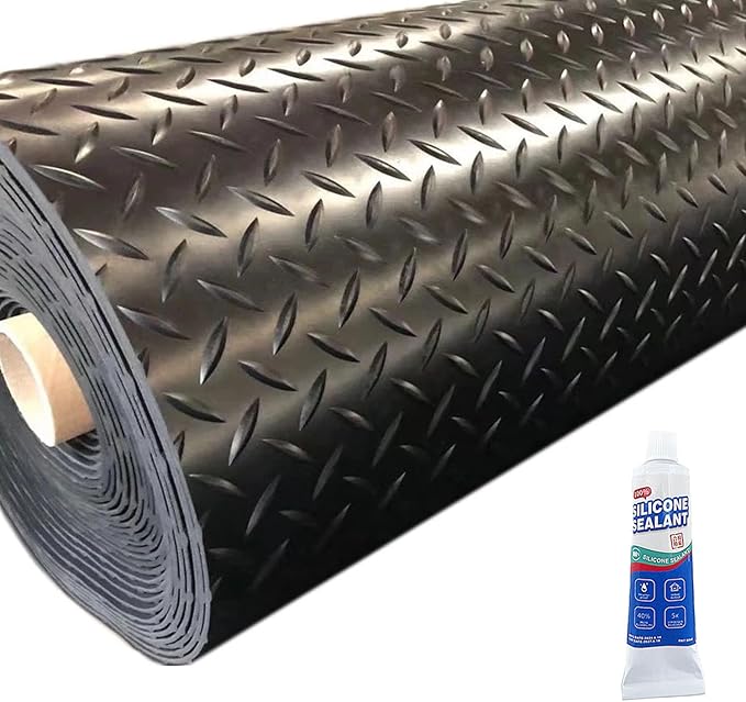 Heavy Duty Diamond-Plate Rubber Flooring Roll 4x6 FT, Multi-Purpose Waterproof Anti-Slip Floor Mat, Easy to Clean Under Equipment, Mats for Garage, Gym, Stable, Basement, Kennel