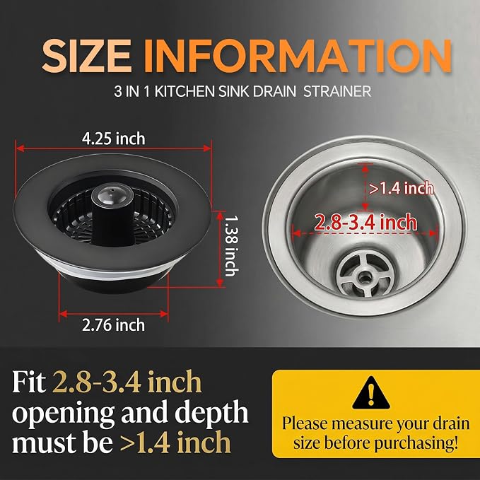 Kitchen Sink Stopper, 3 in 1 Pop Up Kitchen Sink Drain Strainer, with an Extra Basket Strainer, Sink Drain Stopper for US Standard 3-1/2 Inch, Brass Material Electroplate (Black)